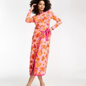 Never Fully Dressed knitted wrap midi dress in pink and orange leopard